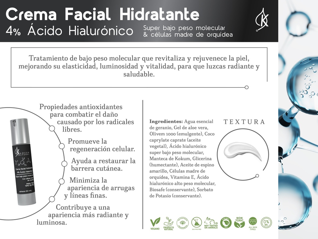 CREMA FACIAL 4% ÁCIDO HIALURÓNICO CON CÉLULAS MADRE 50 ML